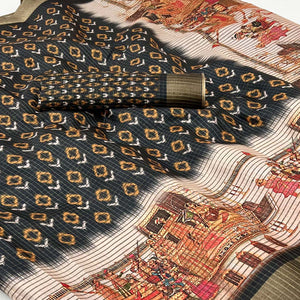 Black Digital Printed With Woven Border Cotton Silk Saree