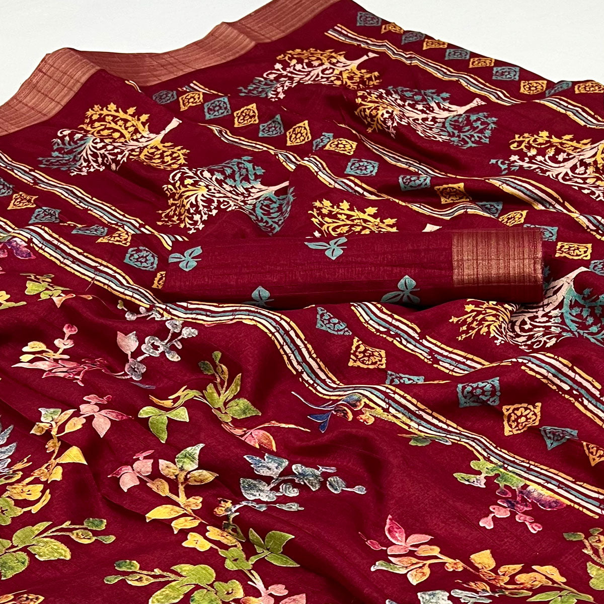 Maroon Floral Printed Cotton Silk Saree