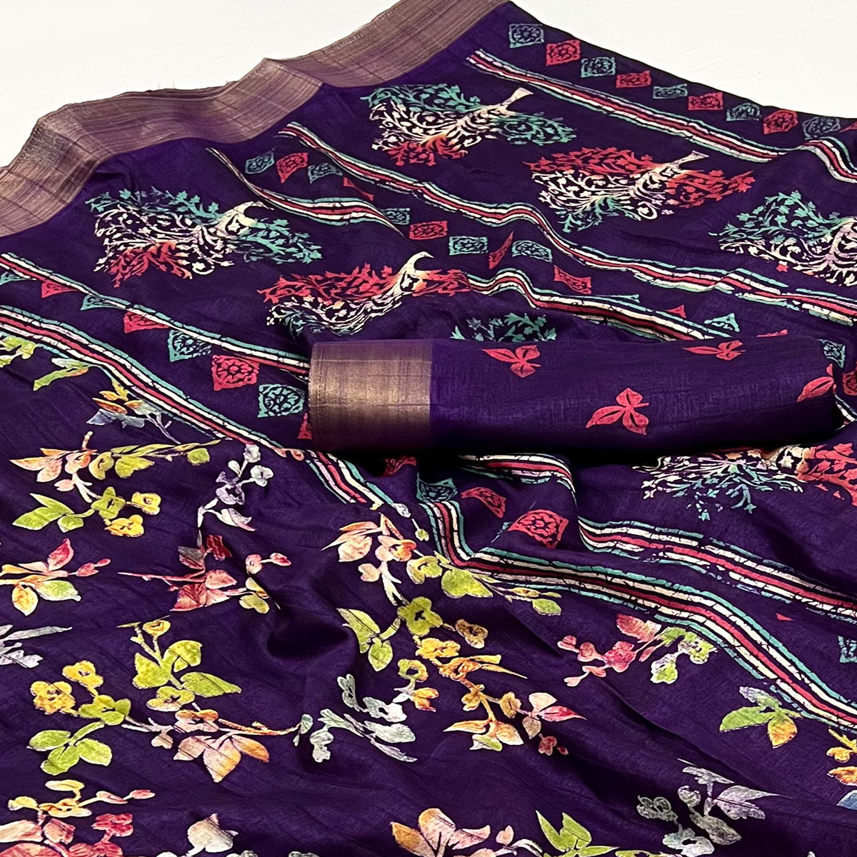 Purple Floral Printed Cotton Silk Saree