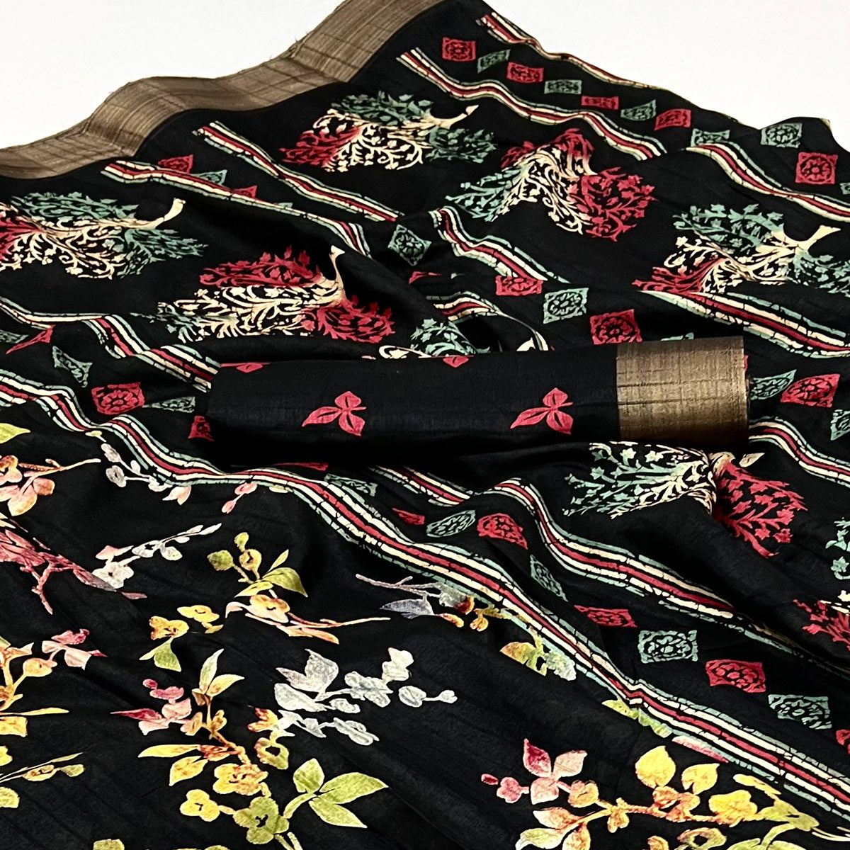 Black Floral Printed Cotton Silk Saree