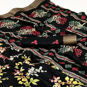 Black Floral Printed Cotton Silk Saree