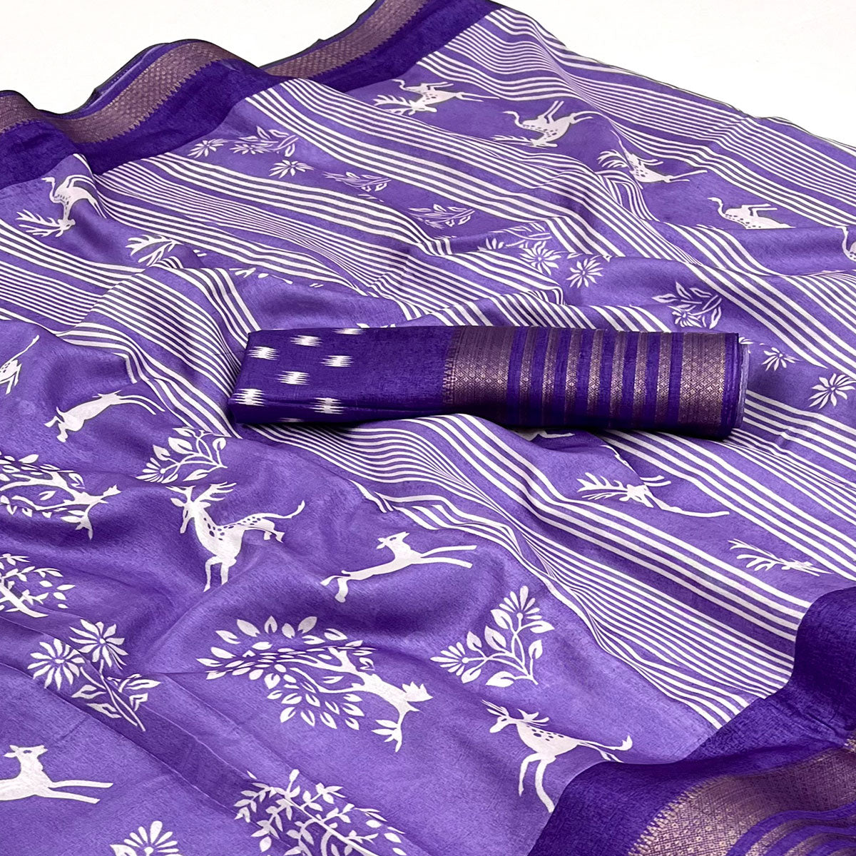 Purple Printed Dola Silk Saree With Woven Border