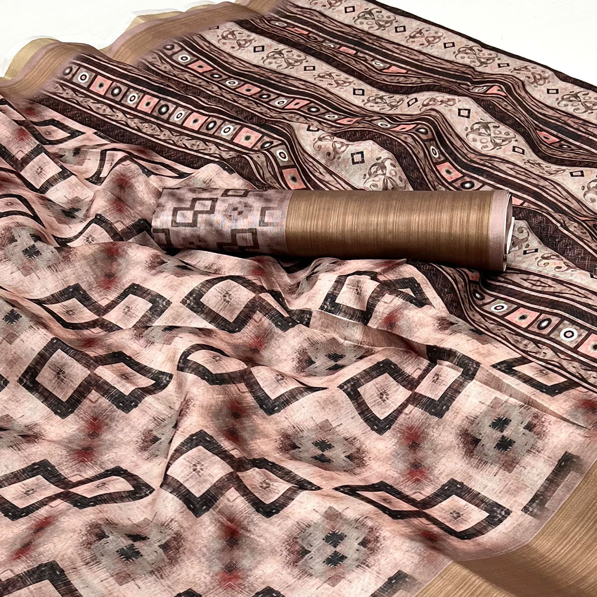 Peach Geometric Printed Cotton Blend Saree