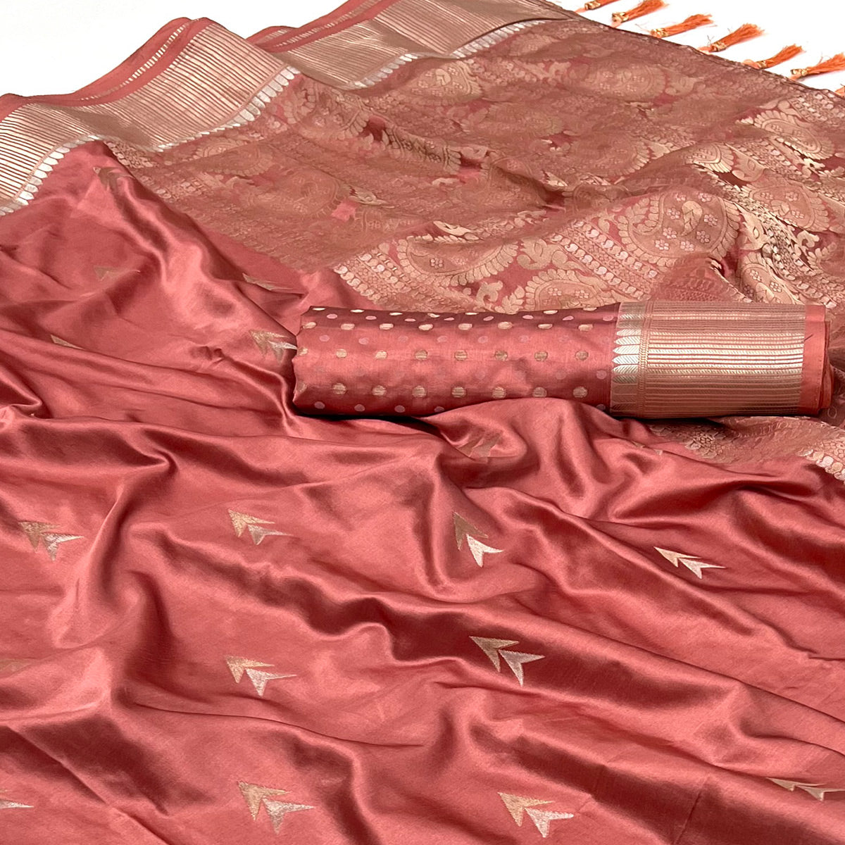 Peach Woven Satin Silk Saree With Tassels