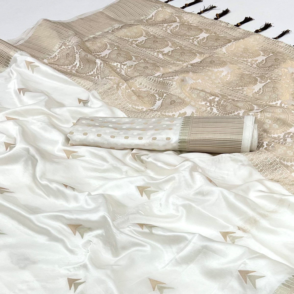 White Woven Satin Silk Saree With Tassels