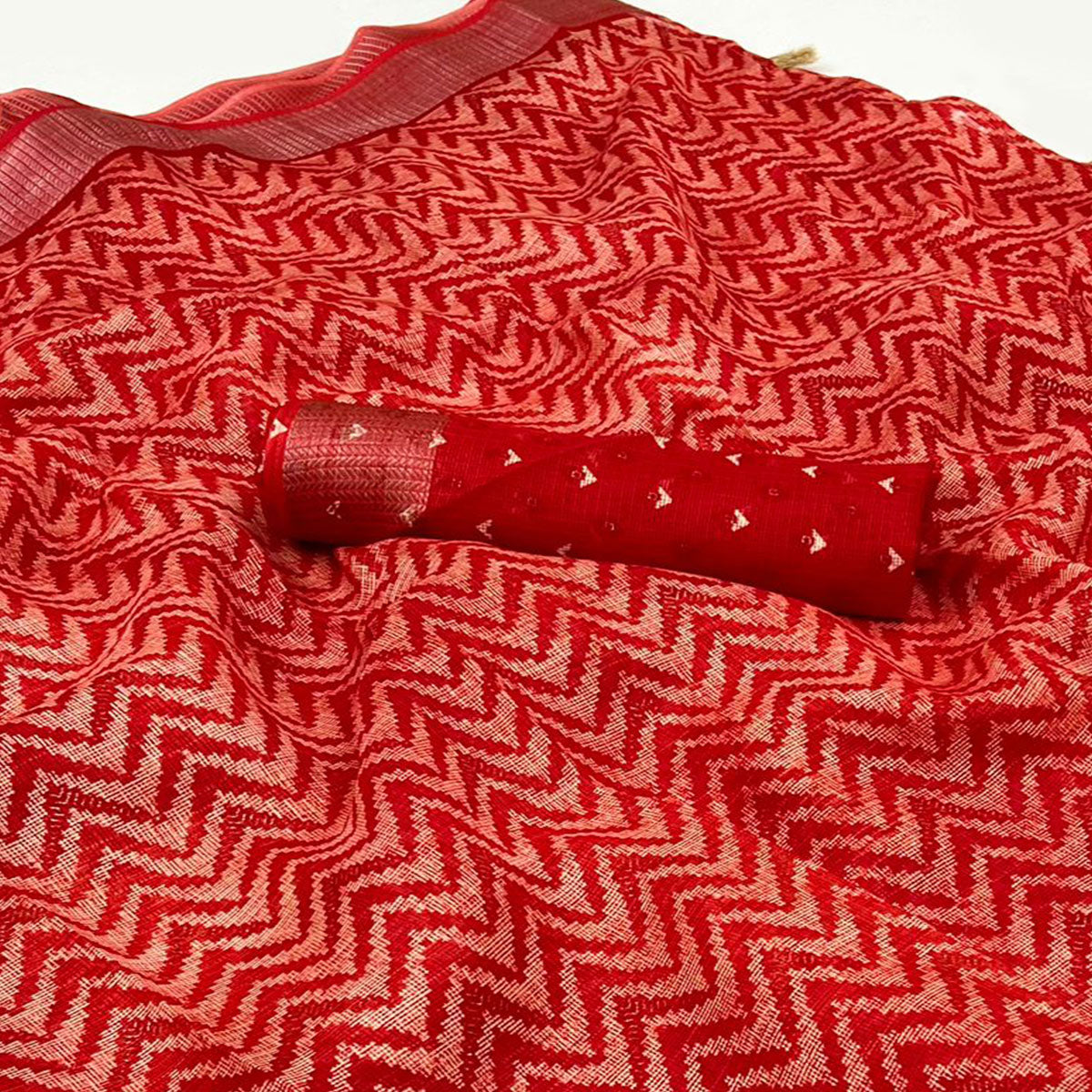 Red Zig Zag Printed Kota Doria Saree With Tassels