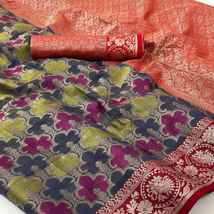 Blue & Red Floral Woven Organza Saree