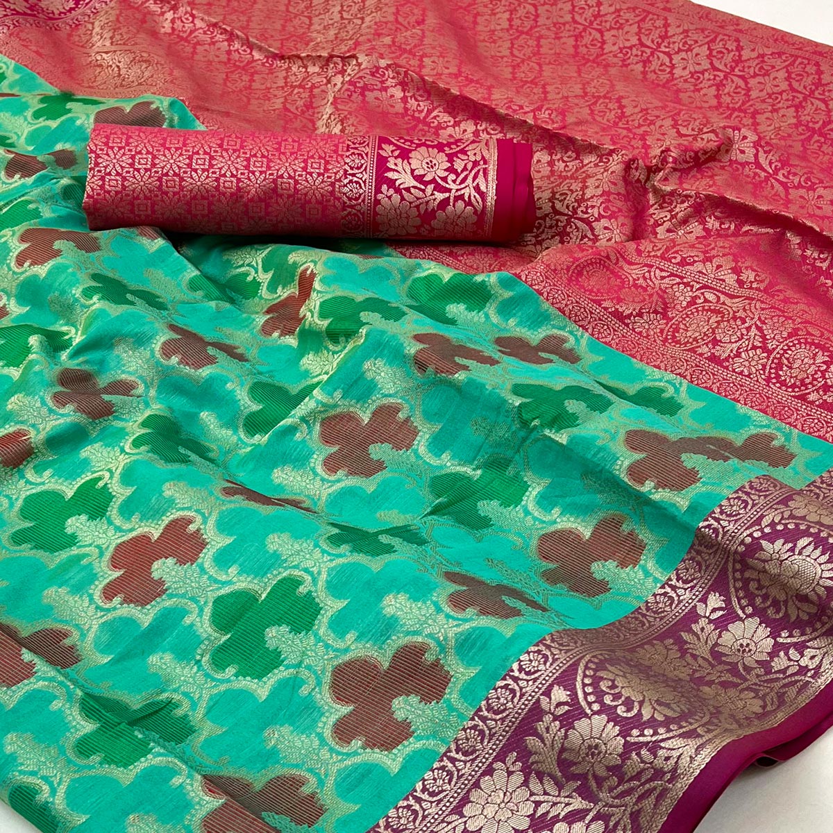 Rama Green & Rani Pink Floral Woven Organza Saree