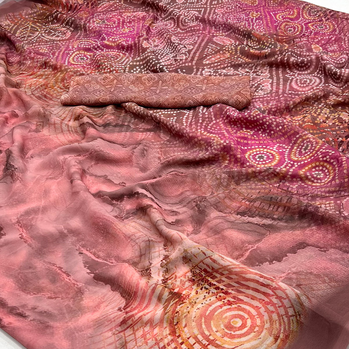 Peach Bandhani Digital Printed Georgette Saree