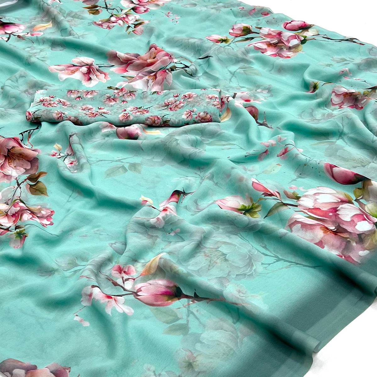 Blue Floral Digital Printed Georgette Saree