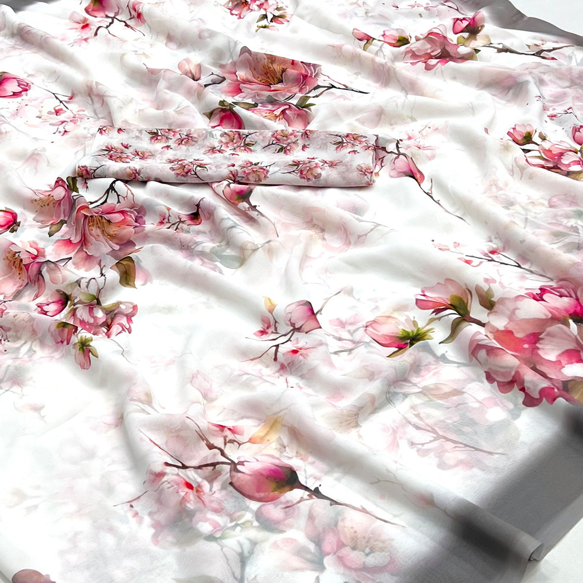 White Floral Digital Printed Georgette Saree
