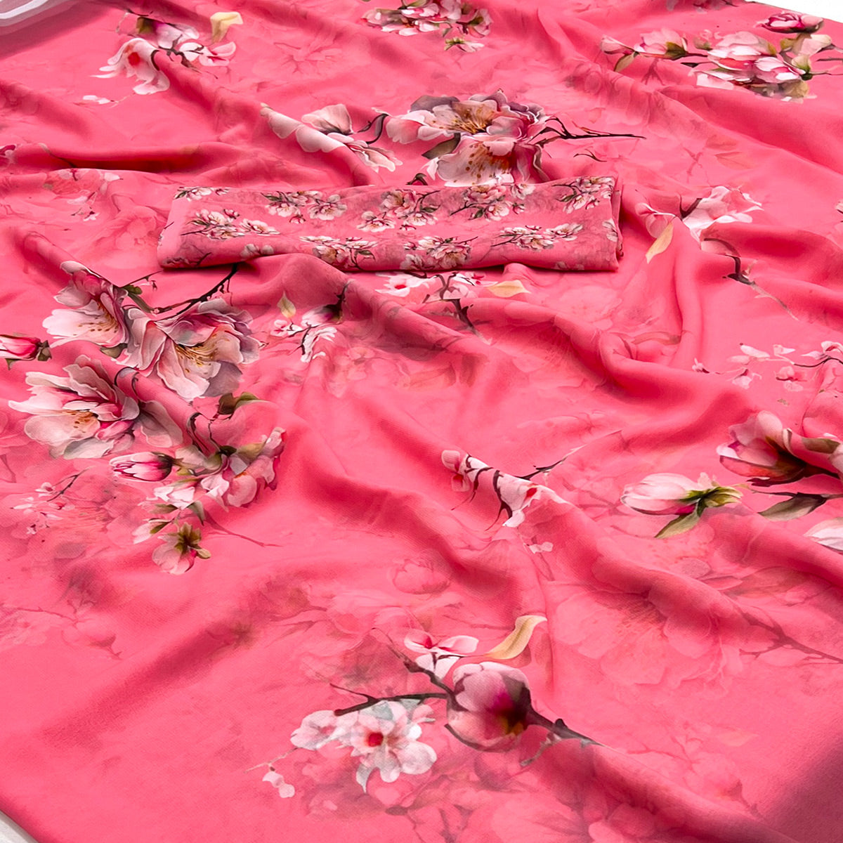 Pink Floral Digital Printed Georgette Saree