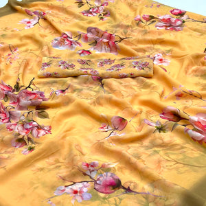 Yellow Floral Digital Printed Georgette Saree