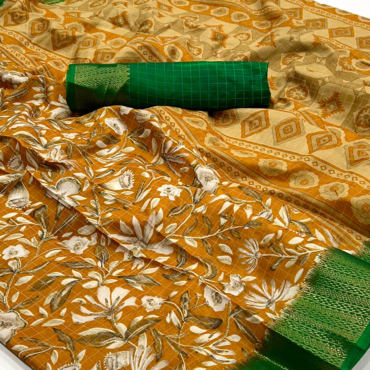 Mustard Floral Printed Dola Silk Saree With Woven Border