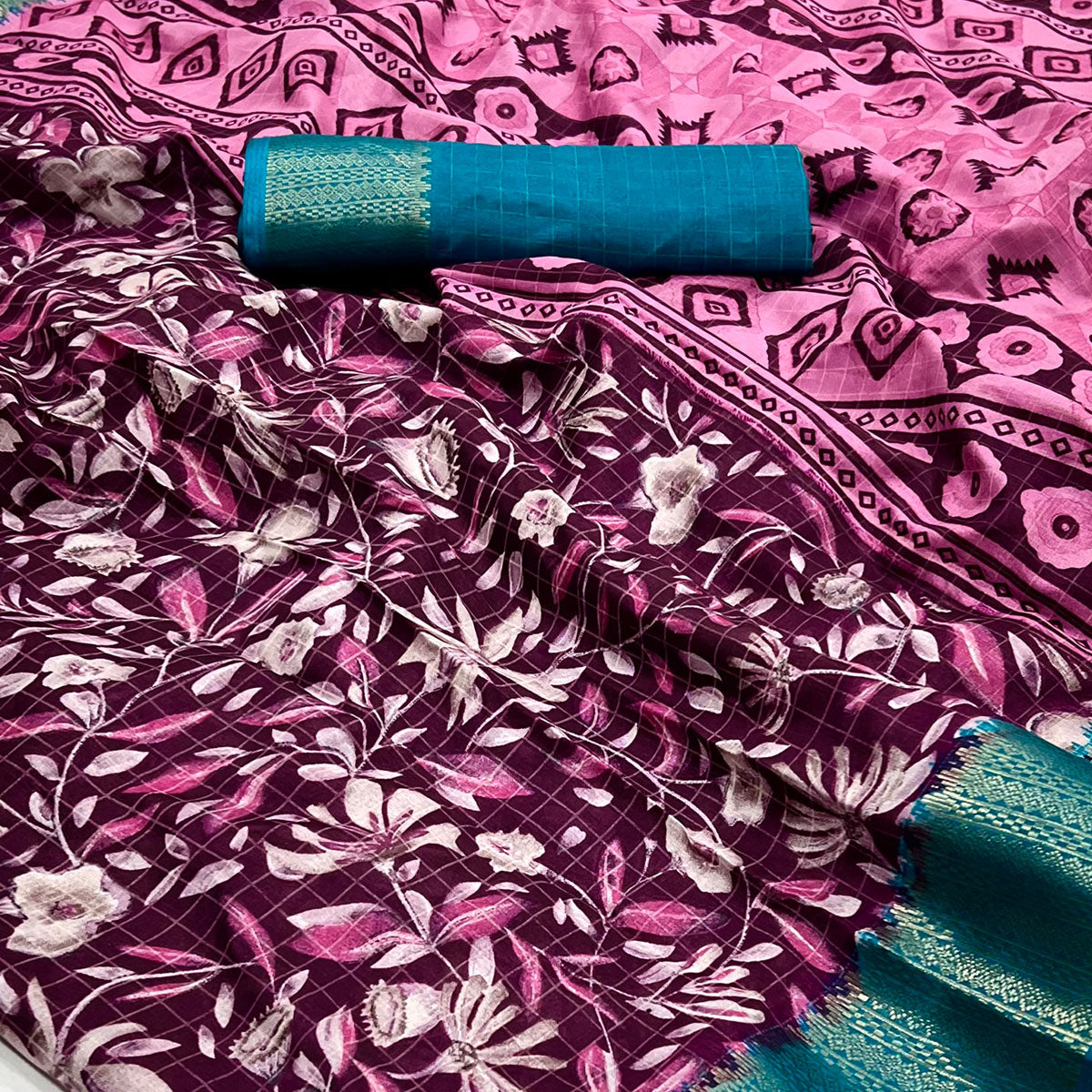 Wine Floral Printed Dola Silk Saree With Woven Border