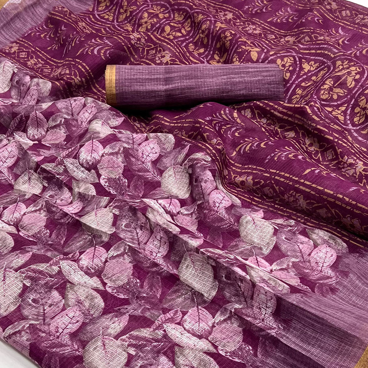 Wine Digital Printed Cotton Blend Saree