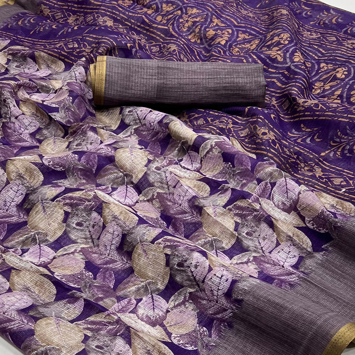 Purple Digital Printed Cotton Blend Saree