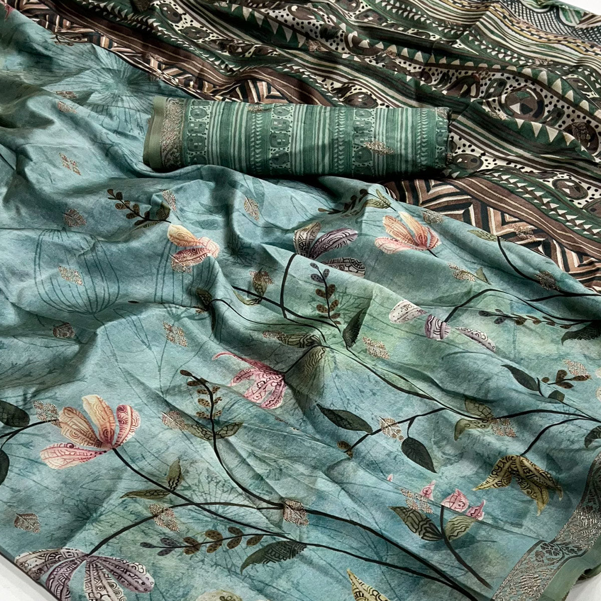 Blue Floral Digital Printed Cotton Silk Saree With Zari Border