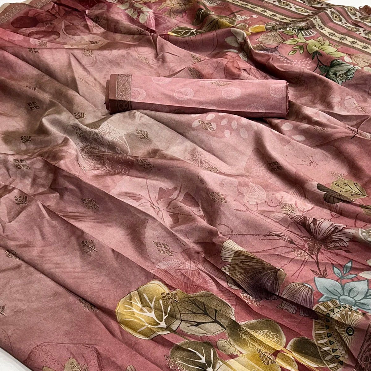 Onion Pink Floral Digital Printed Cotton Silk Saree With Zari Border