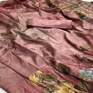 Onion Pink Floral Digital Printed Cotton Silk Saree With Zari Border