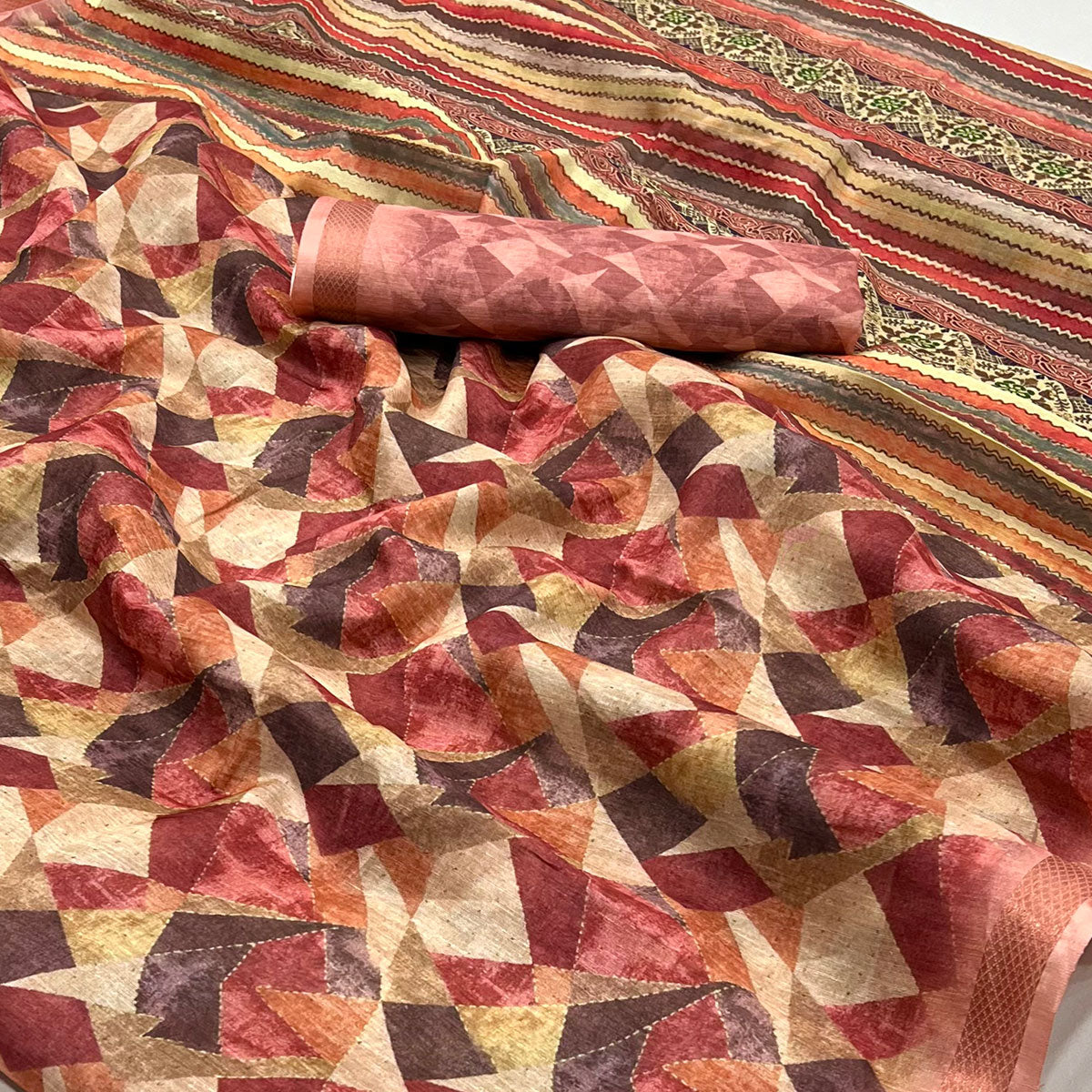 Peach Digital Geometric Printed Cotton Blend Saree With Woven Border