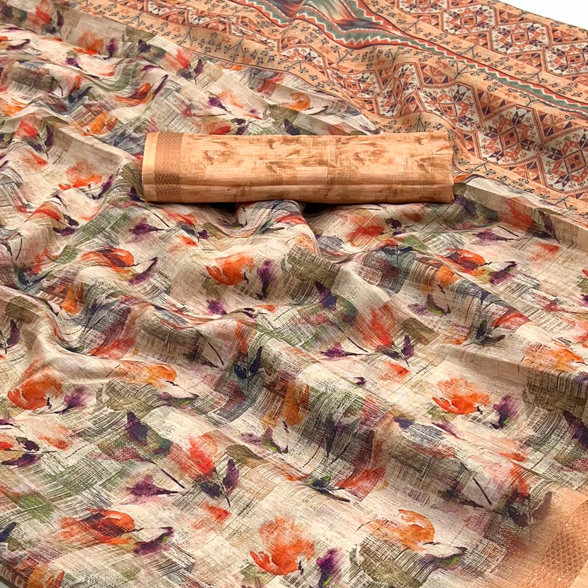 Peach Floral Digital Printed Cotton Blend Saree With Woven Border