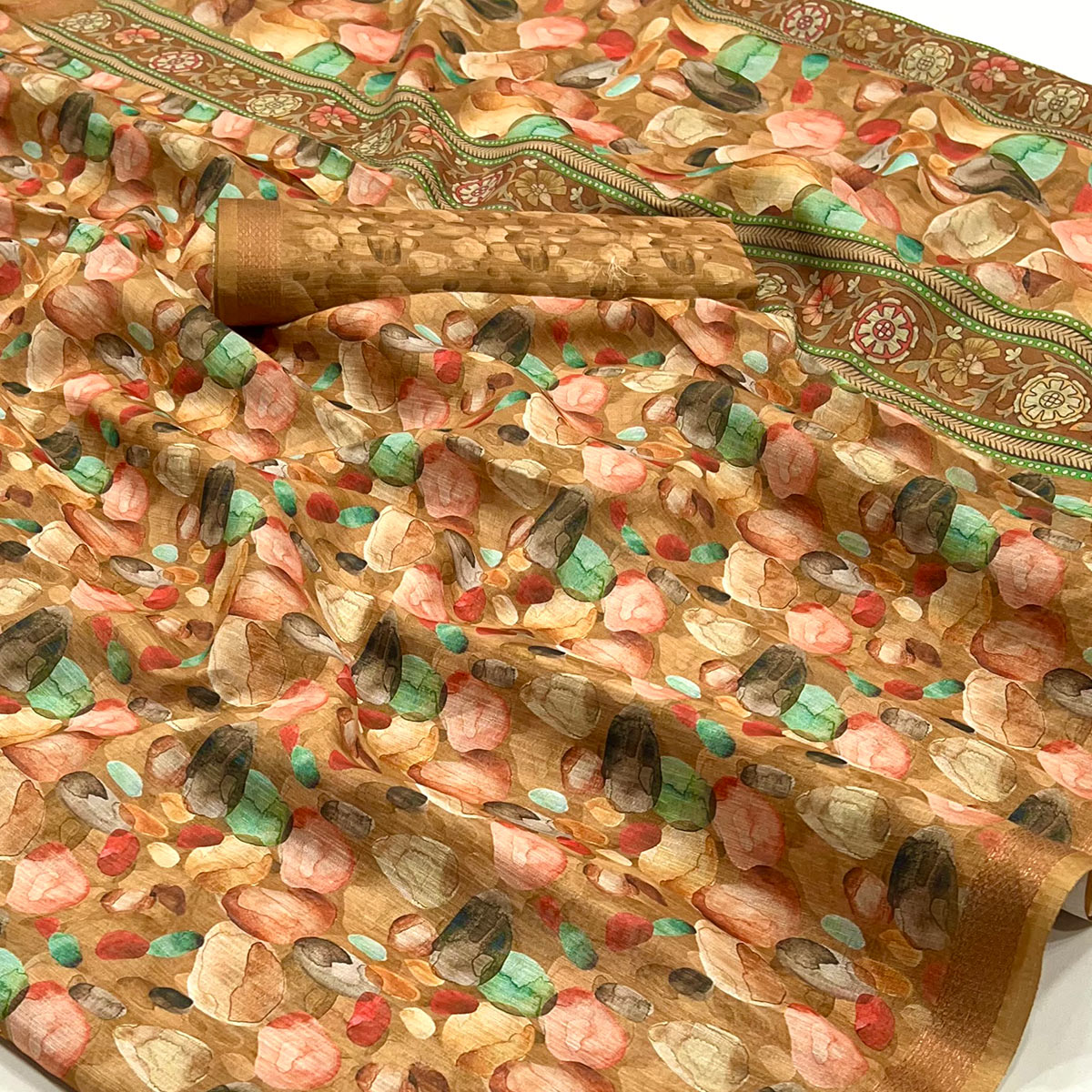 Mustard Digital Printed Cotton Blend Saree With Woven Border