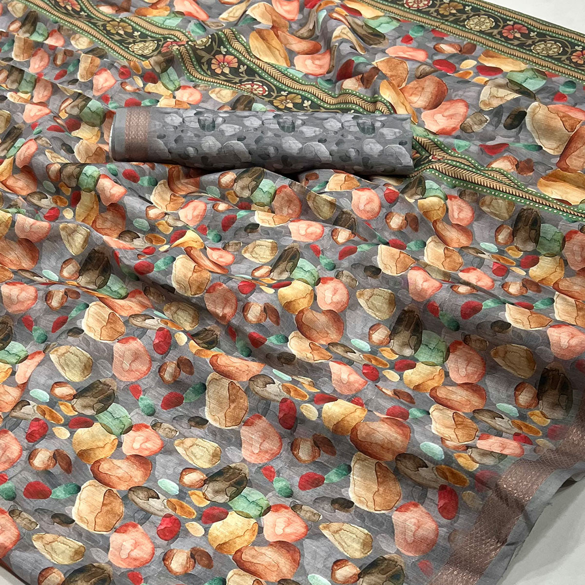 Grey Digital Printed Cotton Blend Saree With Woven Border