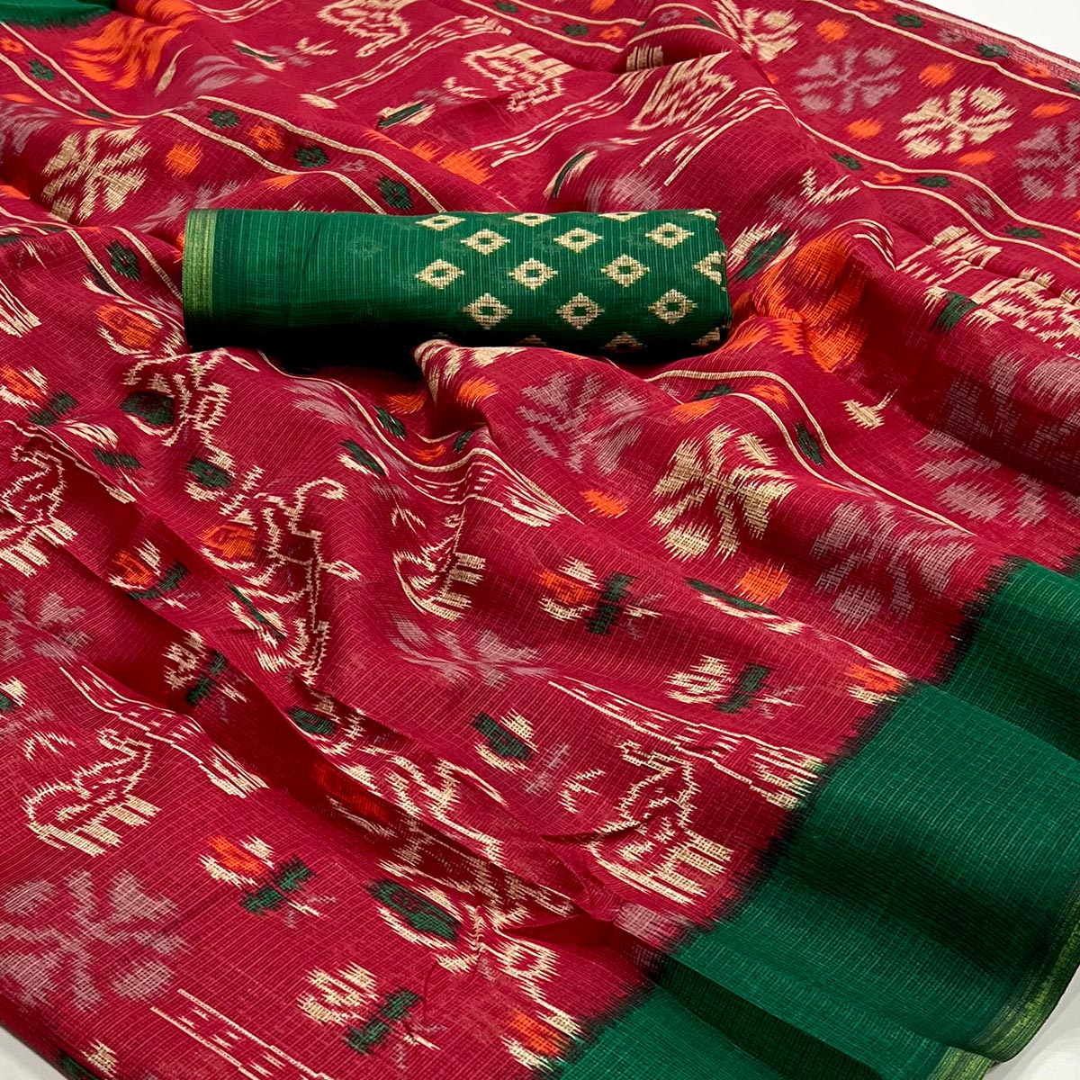 Rani Pink Printed Kota Doria Saree With Woven Border