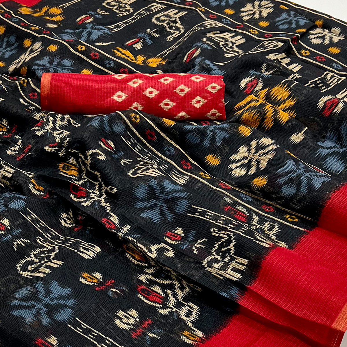 Black Printed Kota Doria Saree With Woven Border