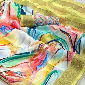 Lemon Yellow Digital Printed Dola Silk Saree With Woven Border