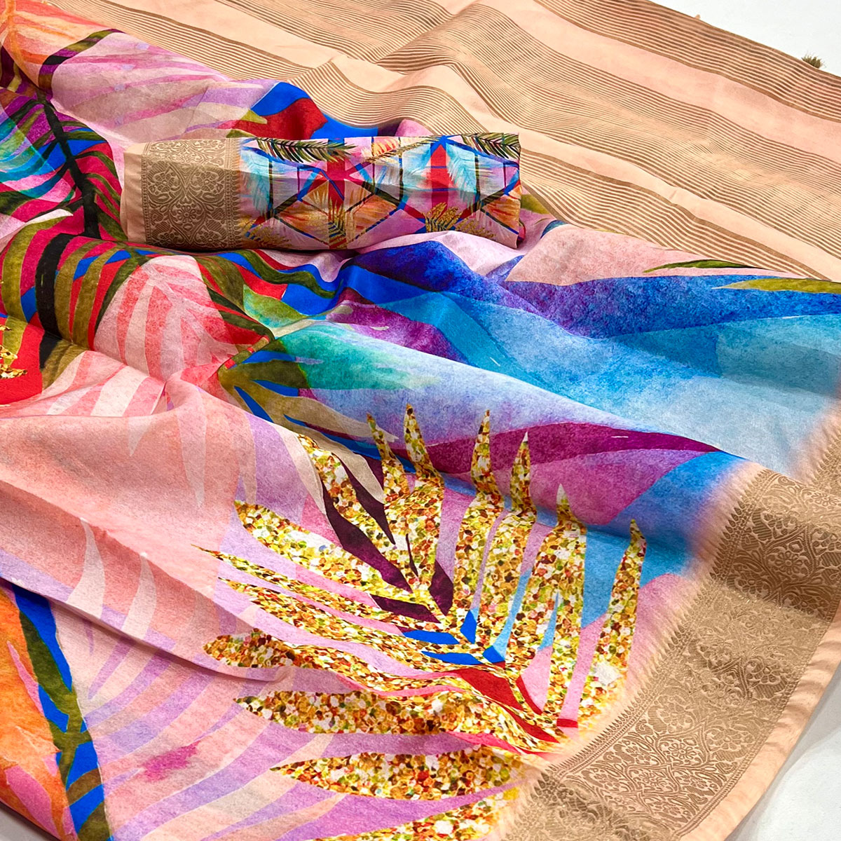 Peach Digital Printed Dola Silk Saree With Woven Border