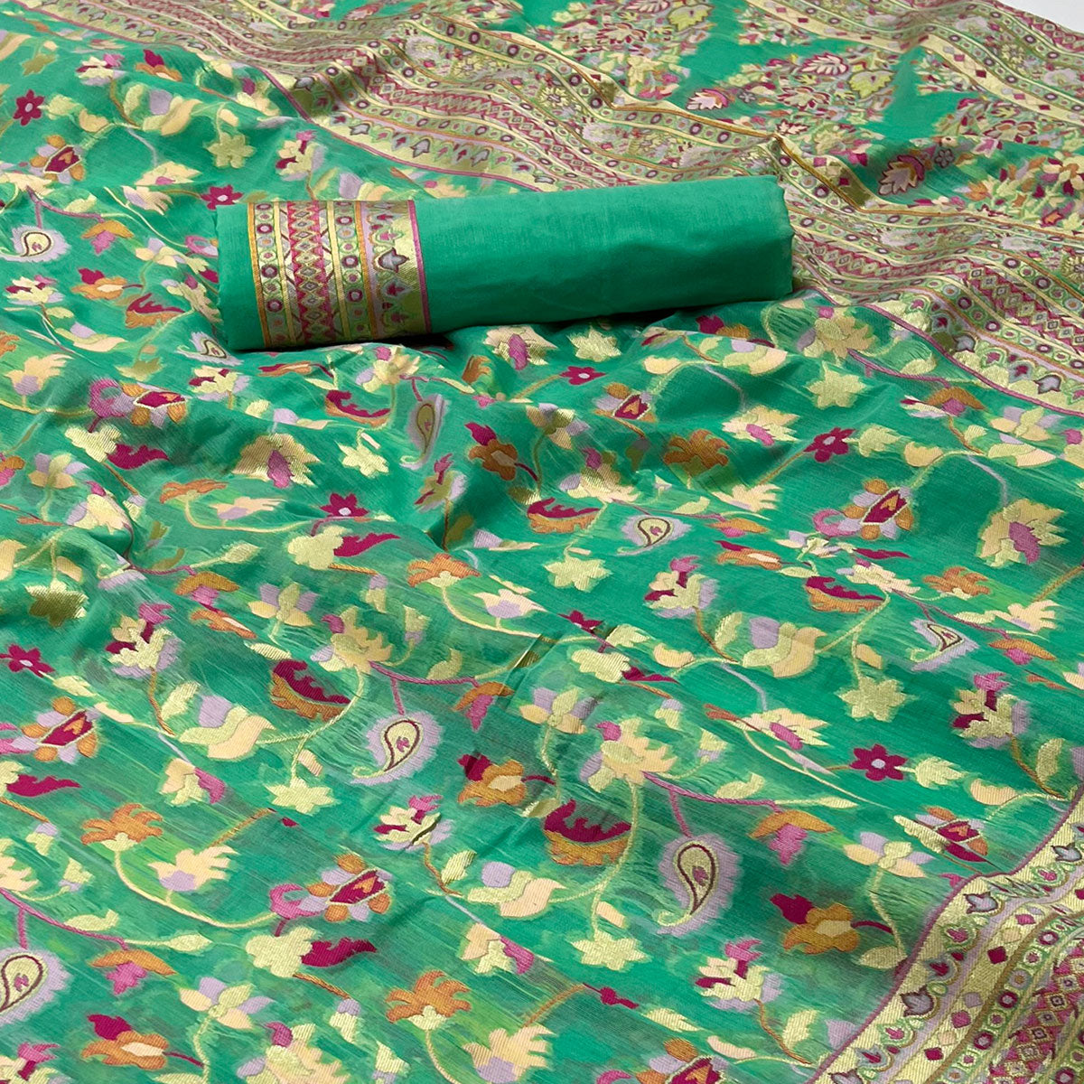 Rama Green Floral Woven Cotton Blend Saree