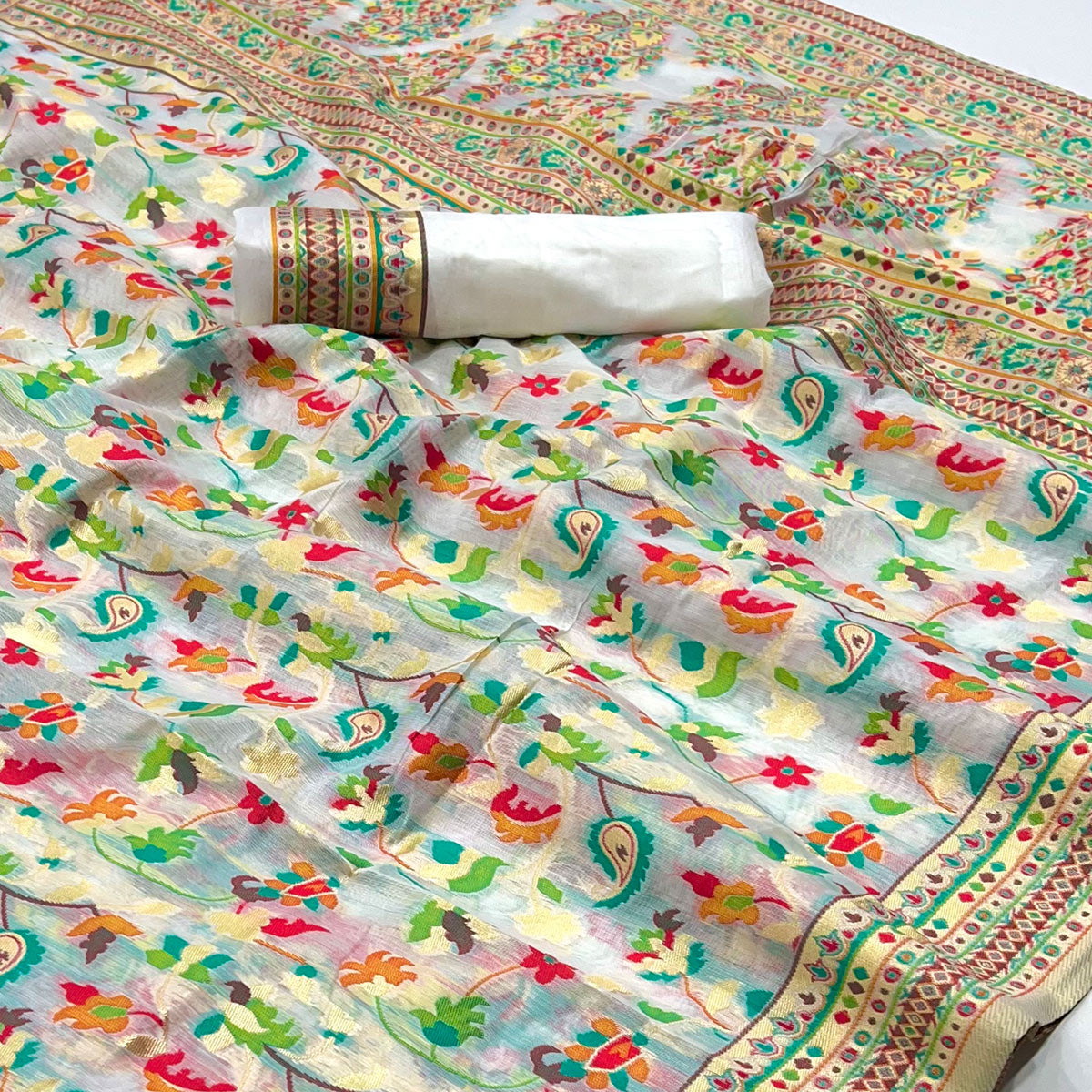 White Floral Woven Cotton Blend Saree