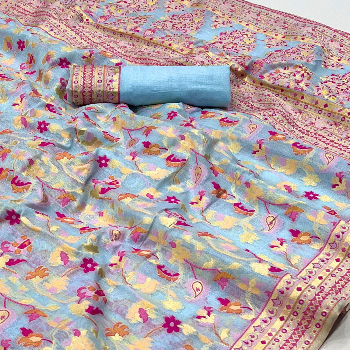 Sky Blue Floral Woven Cotton Blend Saree