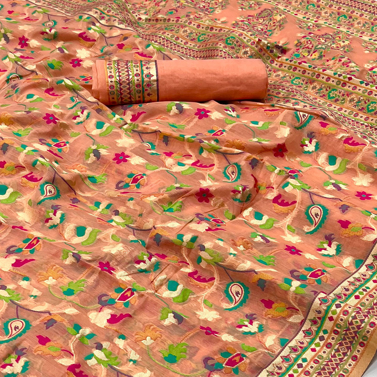 Peach Floral Woven Cotton Blend Saree