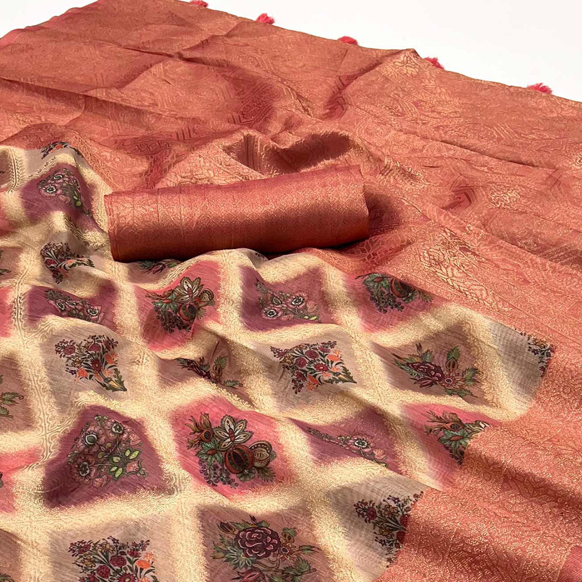 Peach Woven With Floral Digital Printed Cotton Saree