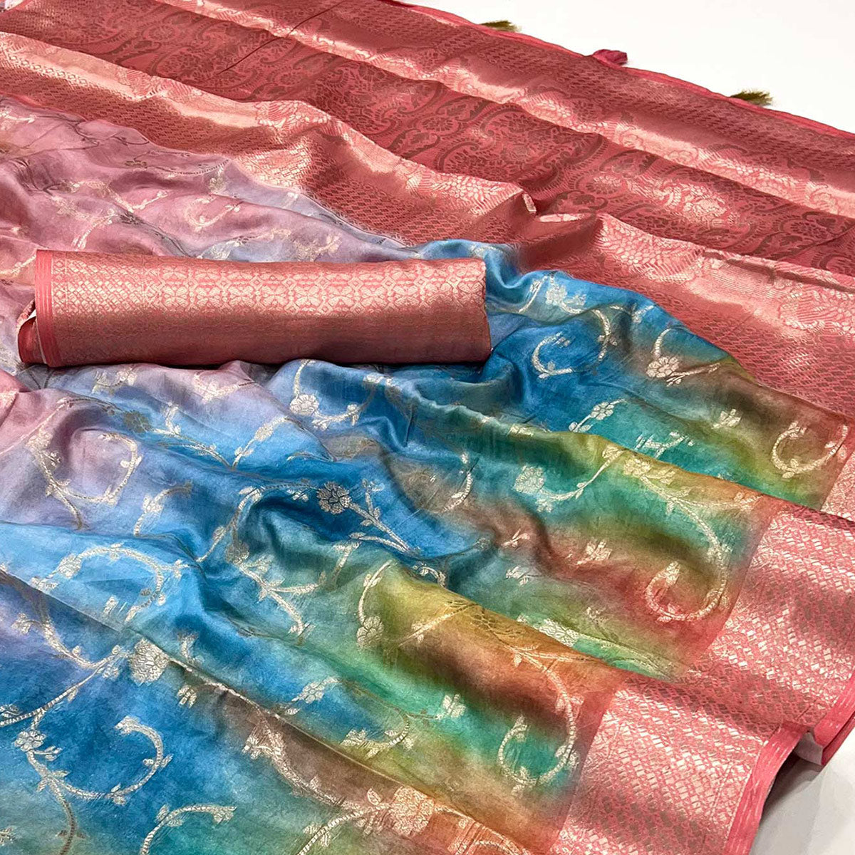 Pink Floral Woven With Digital Printed Georgette Saree