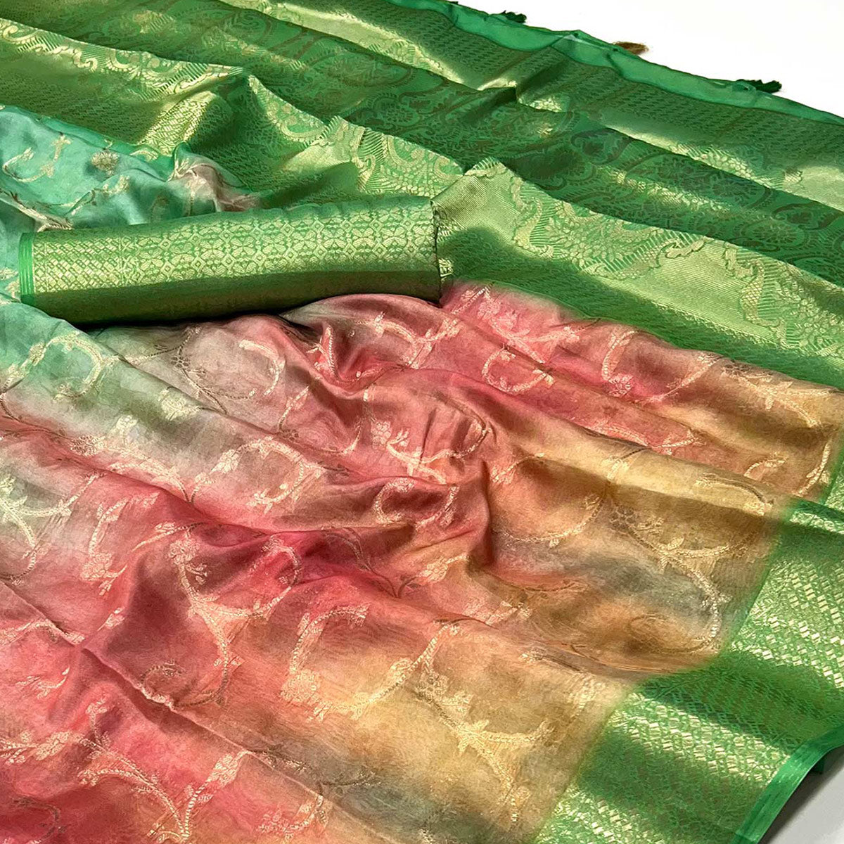 Green Floral Woven With Digital Printed Georgette Saree