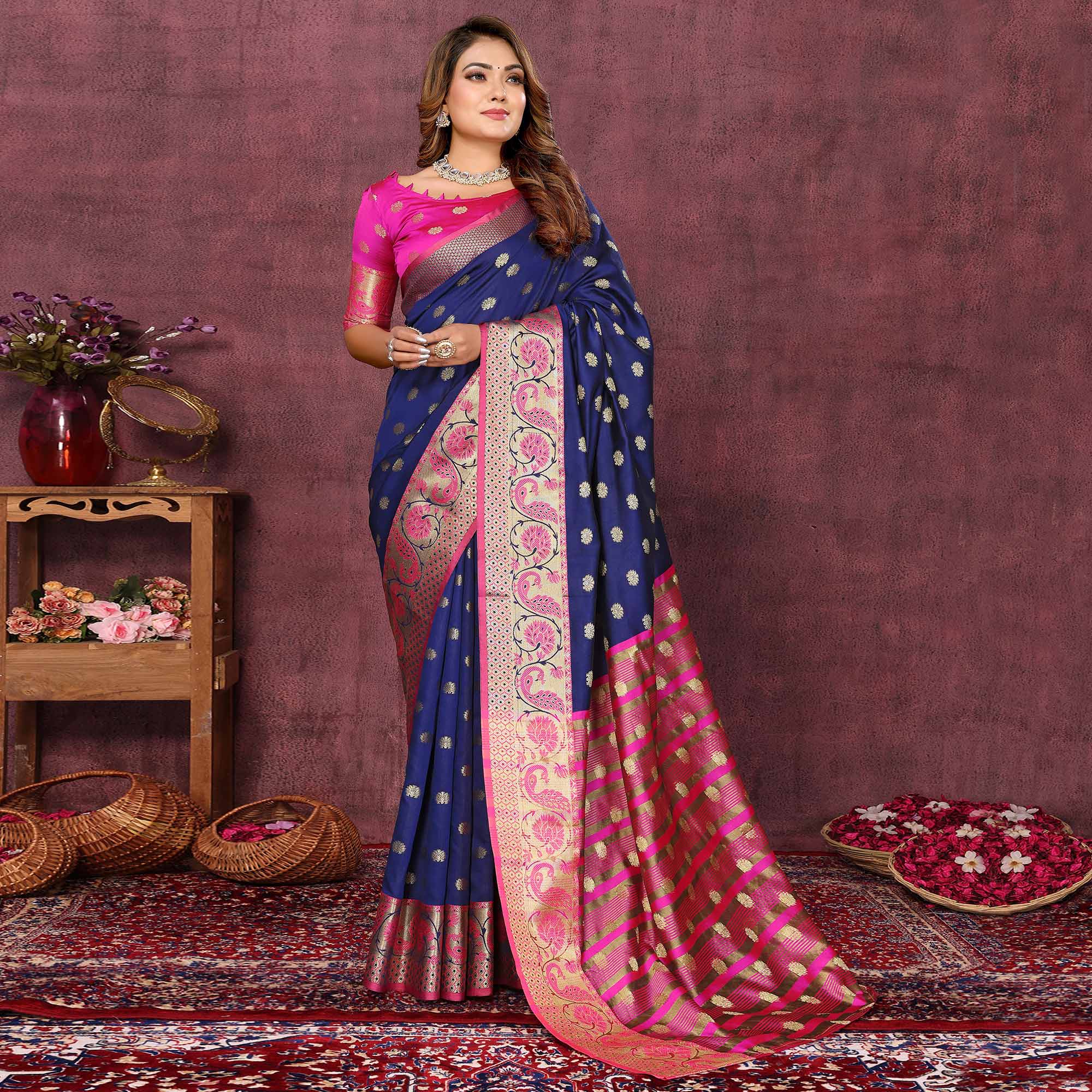 Navy Blue Flora Woven Art Silk Saree