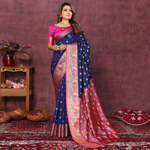 Navy Blue Flora Woven Art Silk Saree