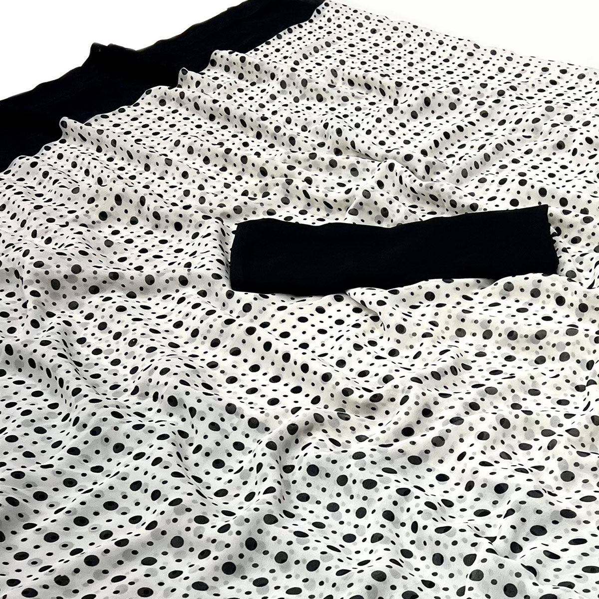 White & Black Polka Dot Printed Georgette Saree