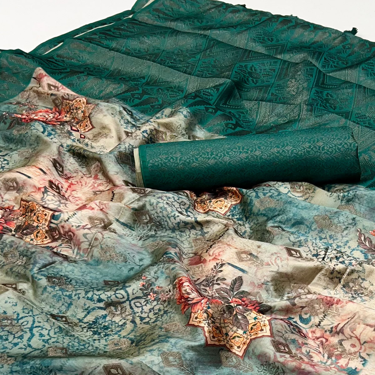 Teal Woven With Digital Printed Art Silk Saree