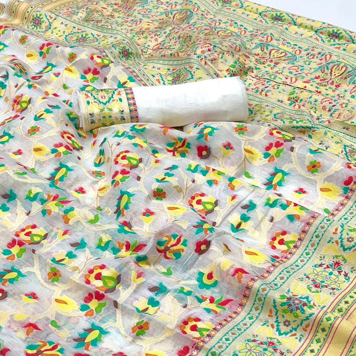 White Floral Woven Cotton Blend Saree
