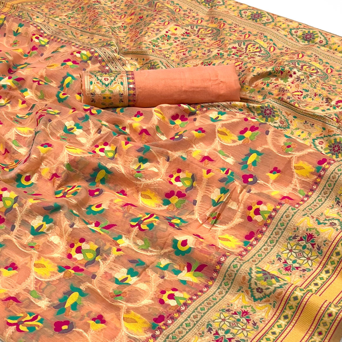 Peach Floral Woven Cotton Blend Saree