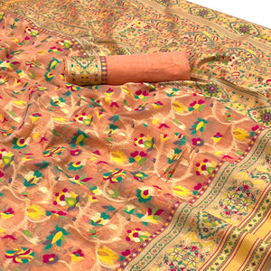 Peach Floral Woven Cotton Blend Saree