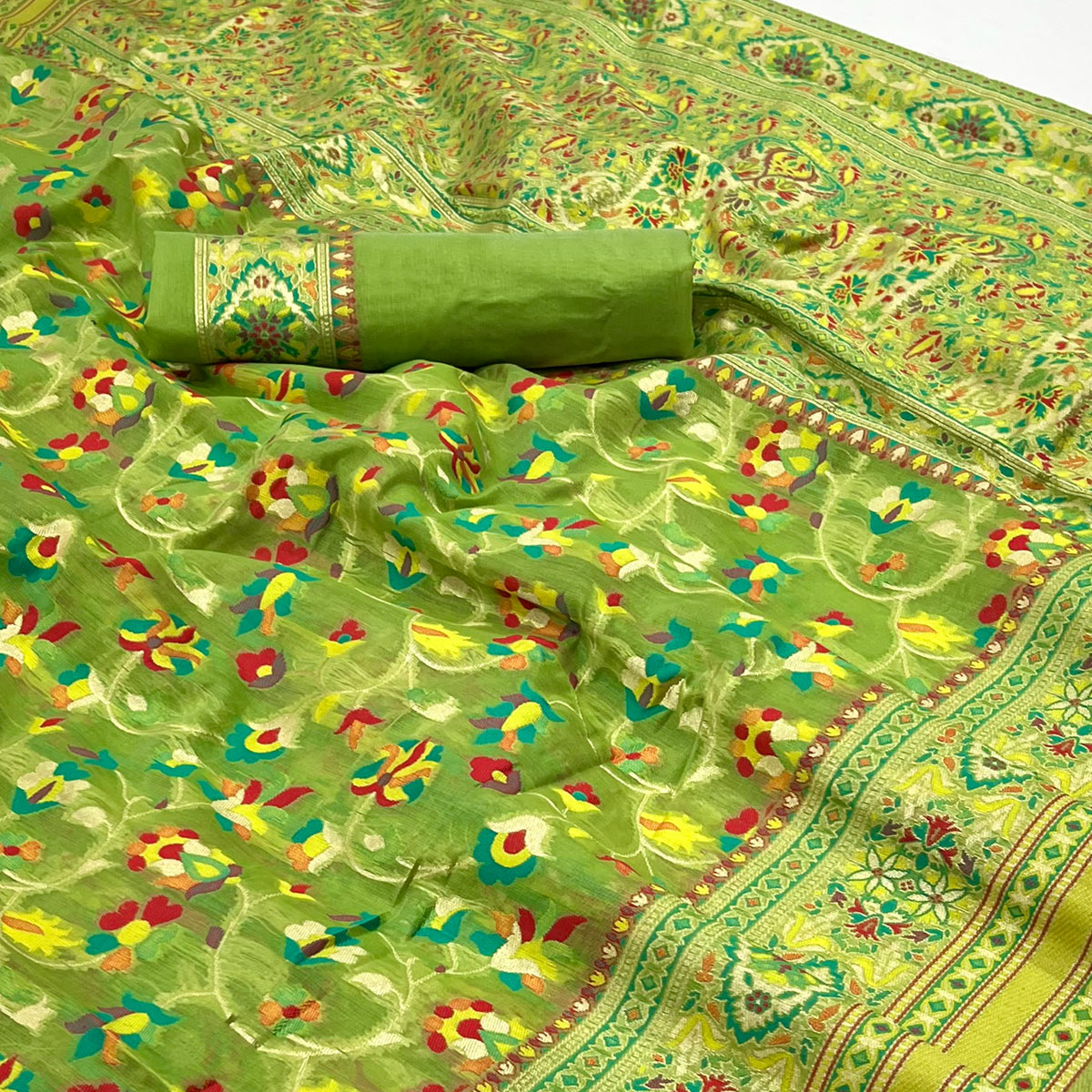Green Floral Woven Cotton Blend Saree