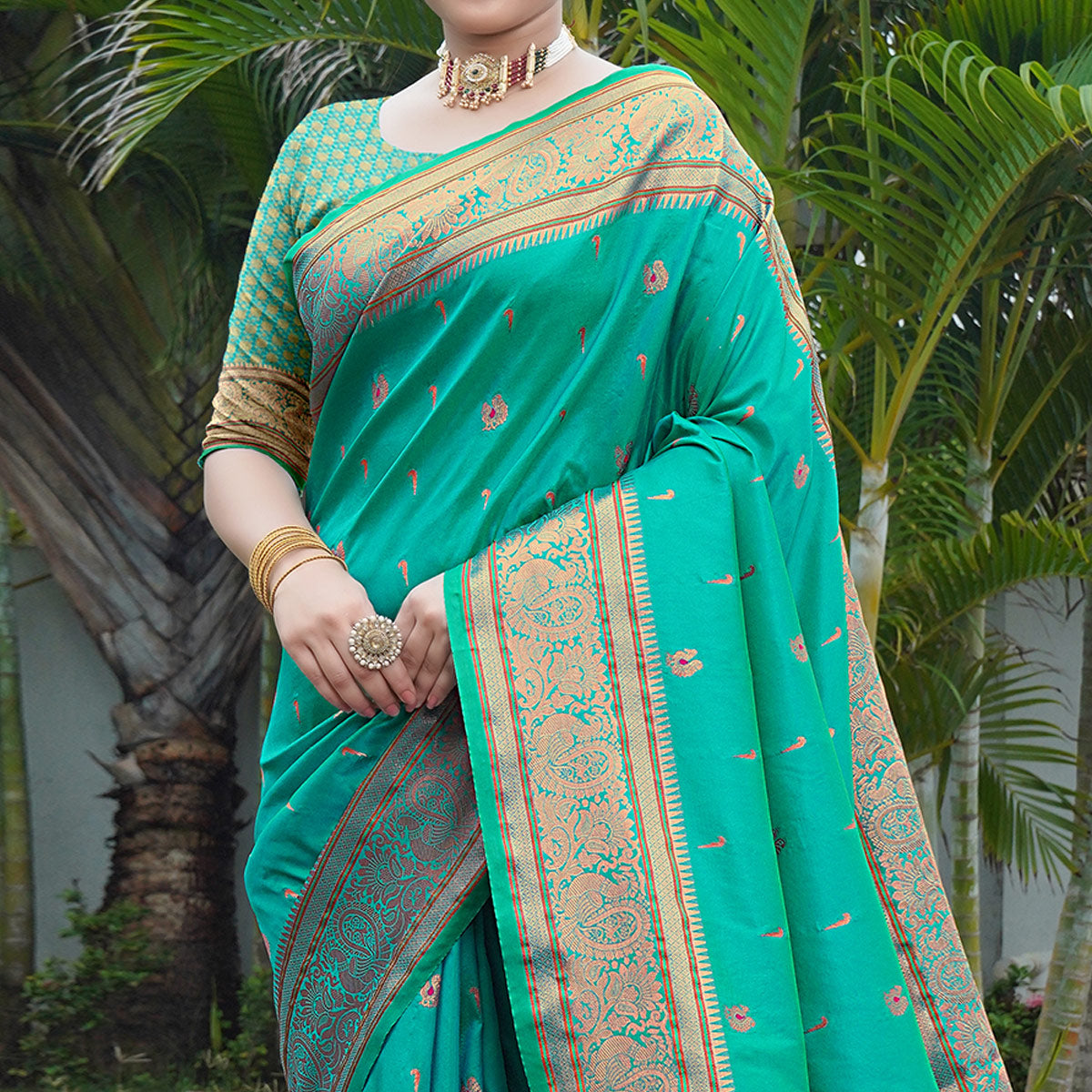 Turquoise Woven Paithani Art Silk Saree