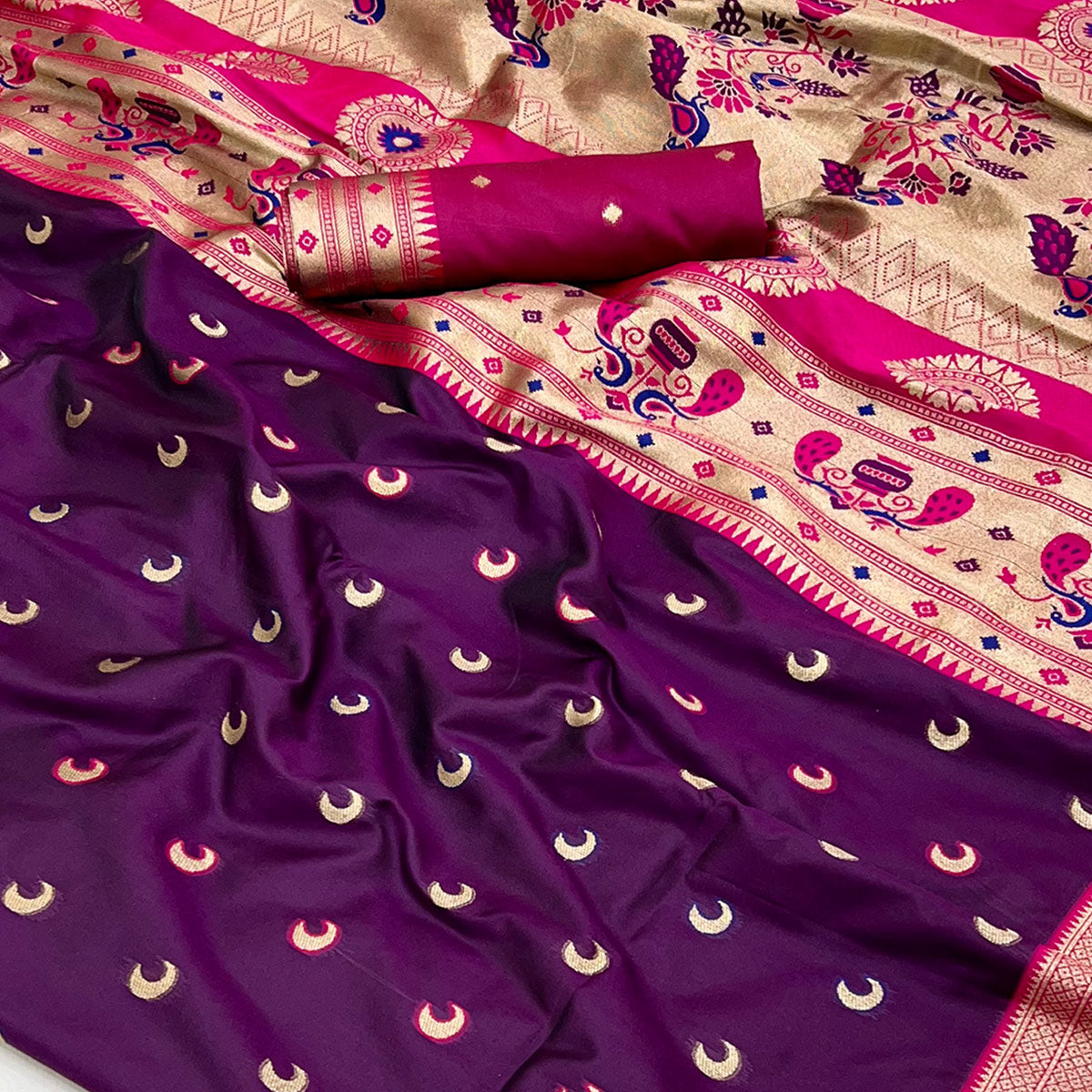 Wine & Pink Woven Pure Silk Paithani Saree