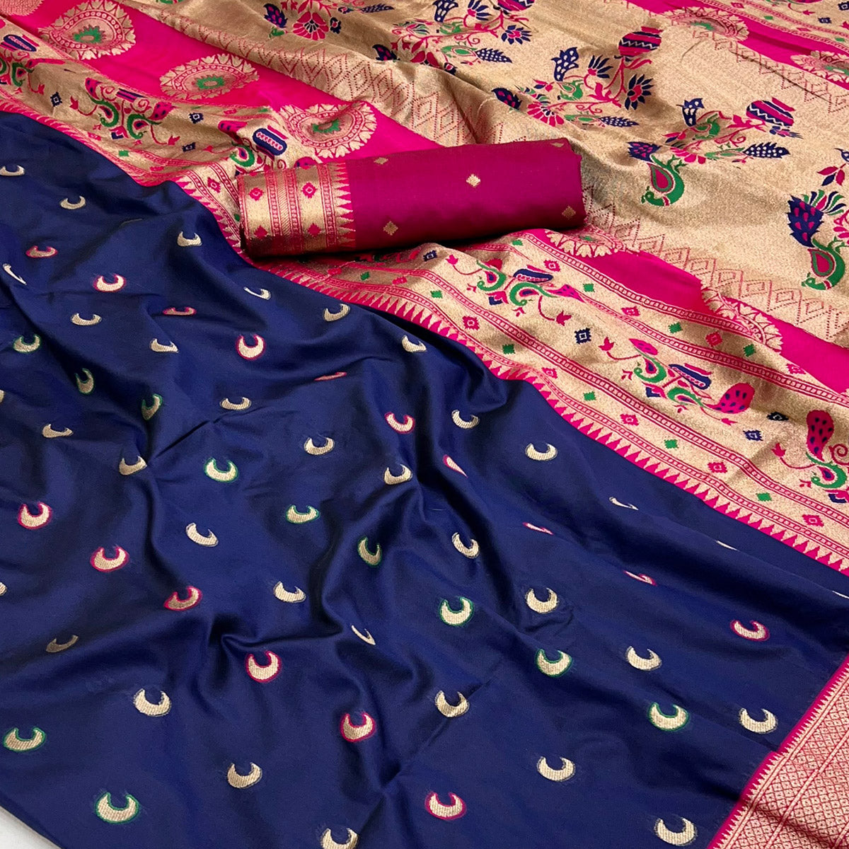 Navy Blue Woven Pure Silk Paithani Saree